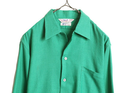 デッドストック 60s ★ 無地 ループ留め オープンカラー 長袖 ウール シャツ メンズ L 程/ 新品 60年代 ヴィンテージ 開襟 ポケット付き 緑
