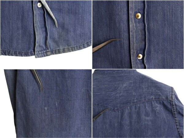 70s ★ BAR C デニム ウエスタン シャツ メンズ M / 古着 ヴィンテージ バットダイ コットン スナップボタン ヘビーウェイト ポケット付き
