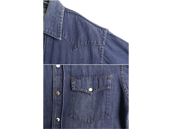 70s ★ BAR C デニム ウエスタン シャツ メンズ M / 古着 ヴィンテージ バットダイ コットン スナップボタン ヘビーウェイト ポケット付き