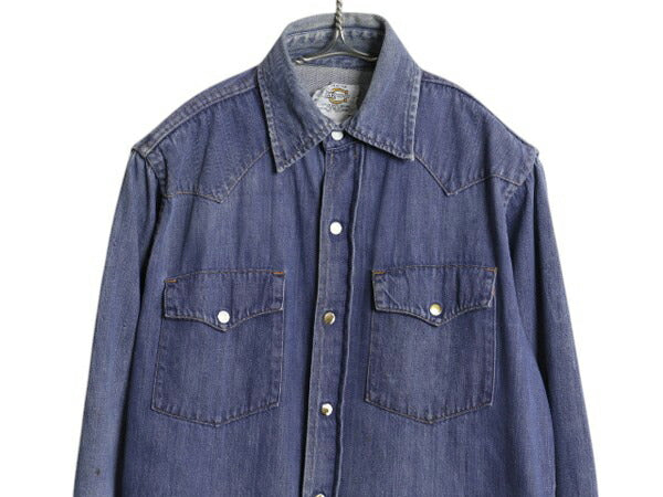 70s ★ BAR C デニム ウエスタン シャツ メンズ M / 古着 ヴィンテージ バットダイ コットン スナップボタン ヘビーウェイト ポケット付き