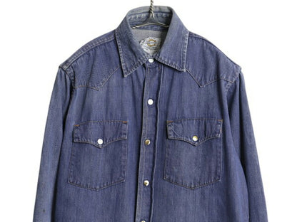 70s ★ BAR C デニム ウエスタン シャツ メンズ M / 古着 ヴィンテージ バットダイ コットン スナップボタン ヘビーウェイト ポケット付き