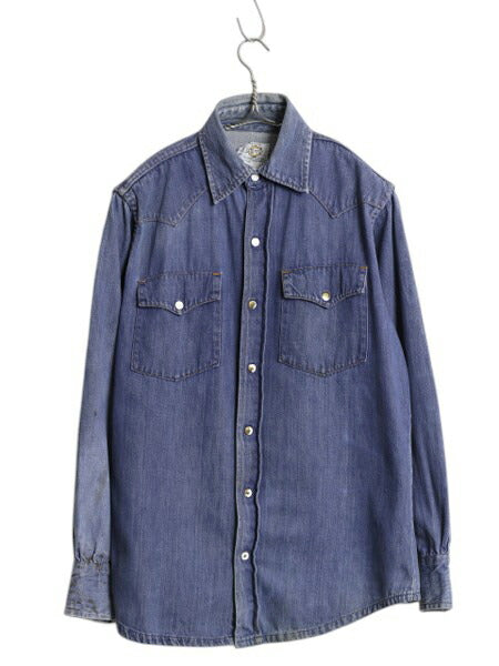 70s ★ BAR C デニム ウエスタン シャツ メンズ M / 古着 ヴィンテージ バットダイ コットン スナップボタン ヘビーウェイト ポケット付き