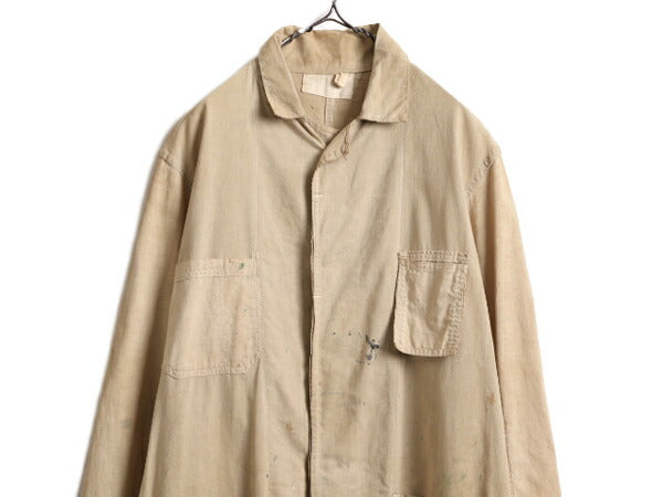 30s ★ リネン ショップ コート メンズ M / 古着 ヴィンテージ ワーク ダスター スプリング ロング ジャケット ポケット付き 無地 ベージュ