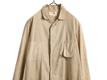 30s ★ リネン ショップ コート メンズ M / 古着 ヴィンテージ ワーク ダスター スプリング ロング ジャケット ポケット付き 無地 ベージュ
