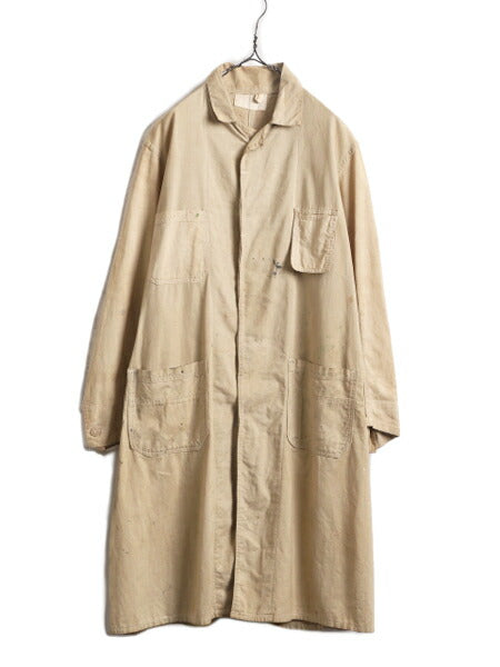 30s ★ リネン ショップ コート メンズ M / 古着 ヴィンテージ ワーク ダスター スプリング ロング ジャケット ポケット付き 無地 ベージュ