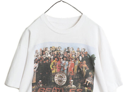 90s ★ ビートルズ イラスト プリント Tシャツ メンズ L 古着 オールド アップル オフィシャル 当時物 バンド ロック シングルステッチ 白