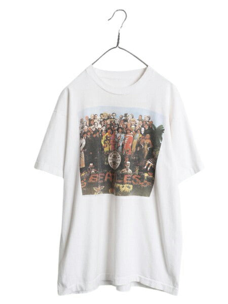 90s ★ ビートルズ イラスト プリント Tシャツ メンズ L 古着 オールド アップル オフィシャル 当時物 バンド ロック シングルステッチ 白