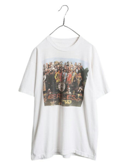 90s ★ ビートルズ イラスト プリント Tシャツ メンズ L 古着 オールド アップル オフィシャル 当時物 バンド ロック シングルステッチ 白