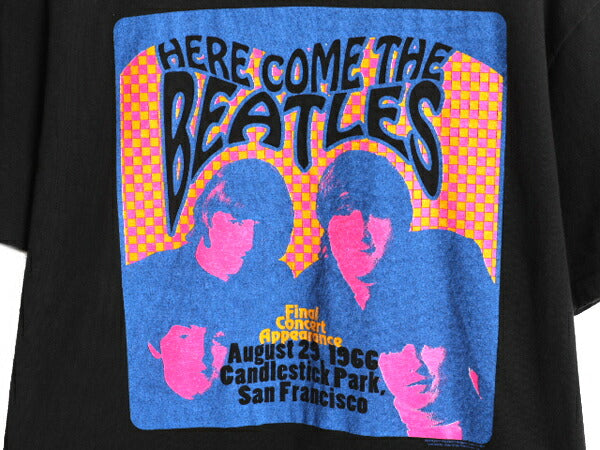 90s USA製 ★ ビートルズ イラスト プリント Tシャツ メンズ XL 古着 オールド アップル オフィシャル バンド ロック シングルステッチ 黒