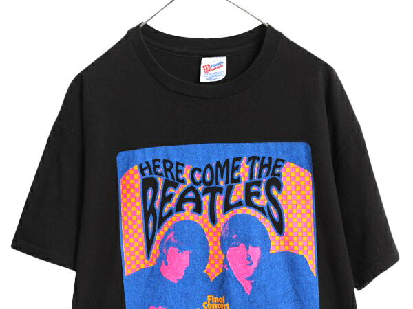 90s USA製 ★ ビートルズ イラスト プリント Tシャツ メンズ XL 古着 オールド アップル オフィシャル バンド ロック シングルステッチ 黒
