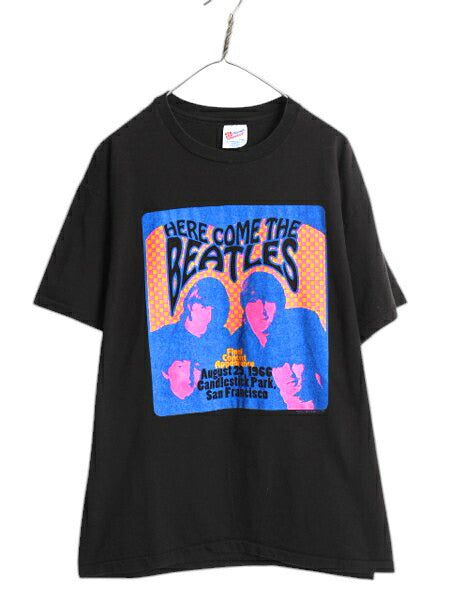 90s USA製 ★ ビートルズ イラスト プリント Tシャツ メンズ XL 古着 オールド アップル オフィシャル バンド ロック シングルステッチ 黒
