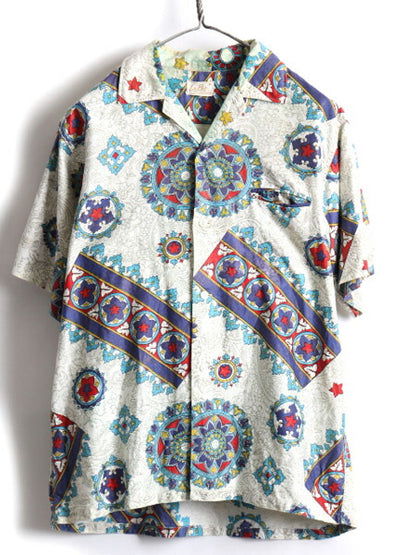 60s La Paz オリエンタル 総柄 コットン 半袖 アロハシャツ (M)