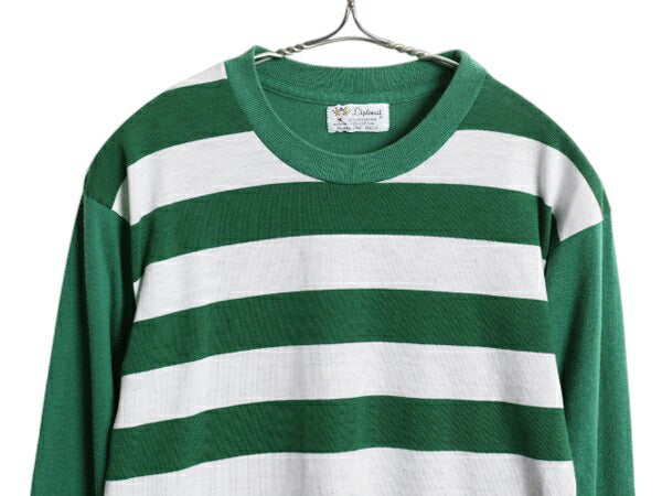 70s USA製 ★ ワイド ボーダー 長袖 Tシャツ メンズ M 小さめ S 程/ 古着 ヴィンテージ ロンT シングルステッチ カットソー ツートン 緑 白