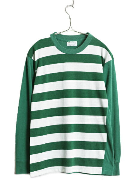 70s USA製 ★ ワイド ボーダー 長袖 Tシャツ メンズ M 小さめ S 程/ 古着 ヴィンテージ ロンT シングルステッチ カットソー ツートン 緑 白
