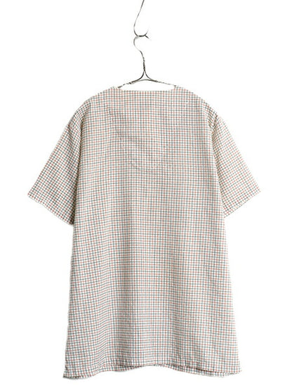 60s 70s ★ チェック 半袖 パジャマ シャツ メンズ M ヴィンテージ ポケット付き ノーカラー スリーピング ルームウェア シワになりにくい