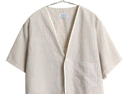 60s 70s ★ チェック 半袖 パジャマ シャツ メンズ M ヴィンテージ ポケット付き ノーカラー スリーピング ルームウェア シワになりにくい