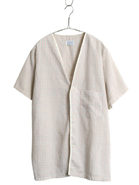 60s 70s ★ チェック 半袖 パジャマ シャツ メンズ M ヴィンテージ ポケット付き ノーカラー スリーピング ルームウェア シワになりにくい