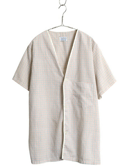 60s 70s ★ チェック 半袖 パジャマ シャツ メンズ M ヴィンテージ ポケット付き ノーカラー スリーピング ルームウェア シワになりにくい