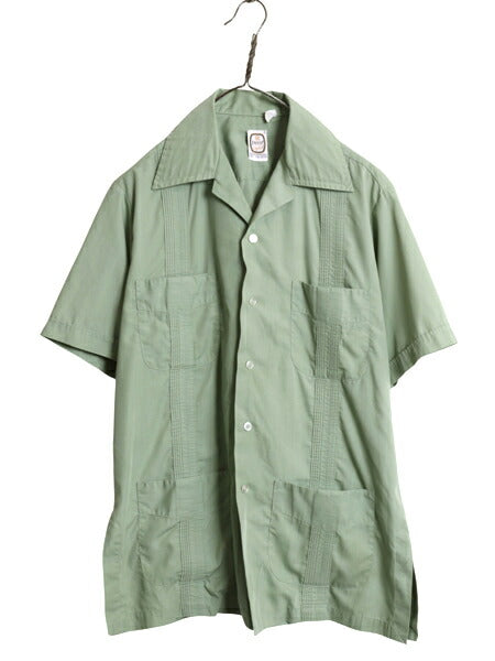 70s ★ Jayson オープンカラー 半袖 キューバ シャツ メンズ M ヴィンテージ メキシカン グアヤベーラ 開襟 ボックス シワになりにくい 緑