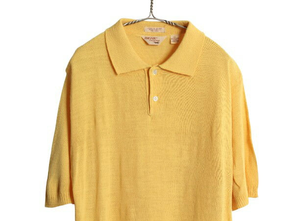80s ★ JCペニー フォックス サマー ニット ポロシャツ メンズ XL ヴィンテージ アクリル 半袖シャツ 薄手 無地 大きいサイズ セーター 黄