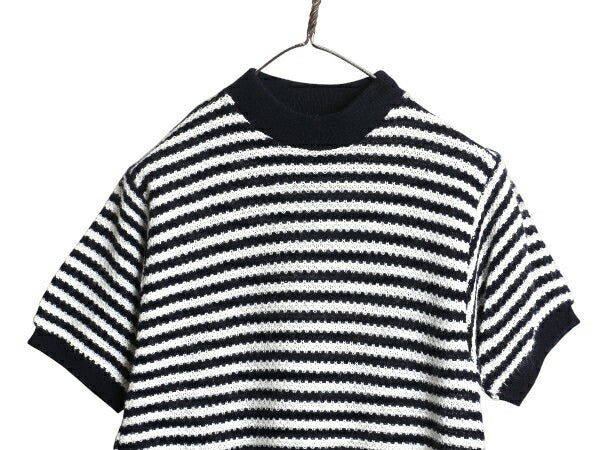 70s USA製 ★ ボーダー 半袖 サマー ニット M 程/ 古着 ヴィンテージ モックネック ハイネック セーター カットソー ツートン 紺 白 薄手