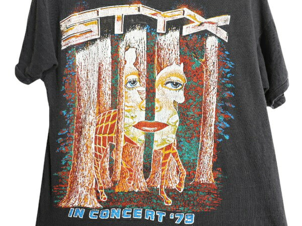 70s パキ綿 ★ スティクス ツアー イラスト プリント Tシャツ メンズ XS 程/ 古着 ヴィンテージ 当時物 バンド ロック シングルステッチ 黒