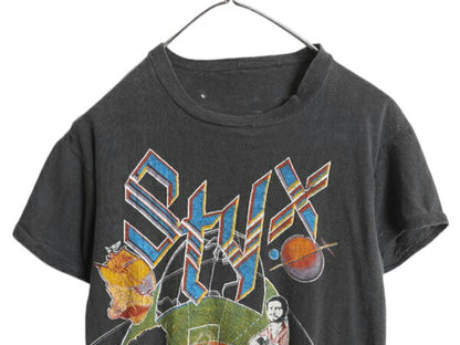 70s パキ綿 ★ スティクス ツアー イラスト プリント Tシャツ メンズ XS 程/ 古着 ヴィンテージ 当時物 バンド ロック シングルステッチ 黒