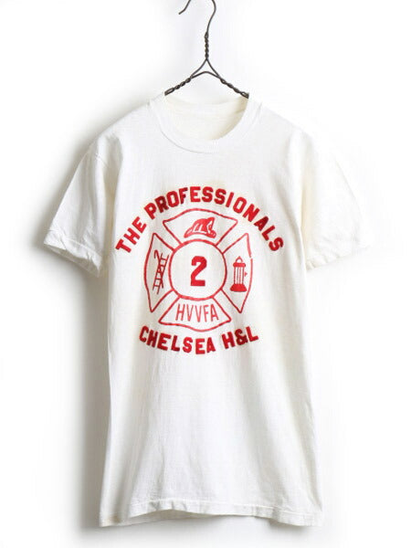 ~70's Unknown HVVFA 消防士 フェルト ワッペン プリント 半袖 Tシャツ (XS 程)