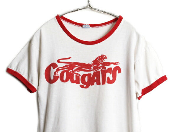 70s USA製 ★ チャンピオン カレッジ 染込み プリント リンガー Tシャツ メンズ M 小さめ S / ヴィンテージ アニマル バータグ コットン 白