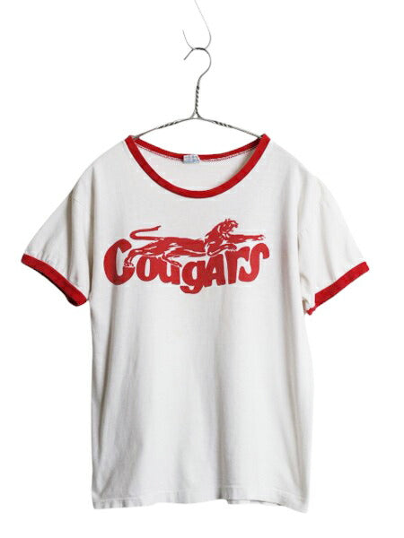 70s USA製 ★ チャンピオン カレッジ 染込み プリント リンガー Tシャツ メンズ M 小さめ S / ヴィンテージ アニマル バータグ コットン 白