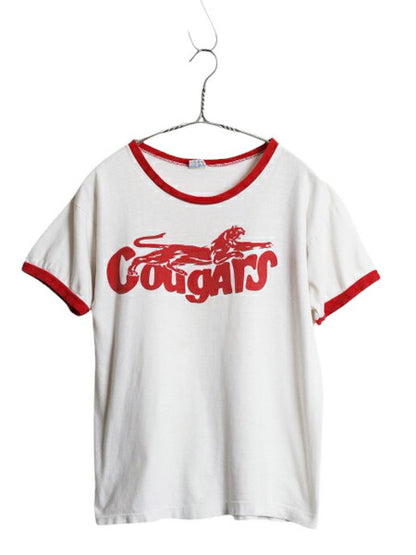70s USA製 ★ チャンピオン カレッジ 染込み プリント リンガー Tシャツ メンズ M 小さめ S / ヴィンテージ アニマル バータグ コットン 白