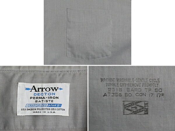 70s USA製 ★ ARROW 半袖 シャツ 17 メンズ L 程/ 70年代 ビンテージ アロー ドレス 無地 薄手 ポケット付き ノーアイロン ポリコン グレー