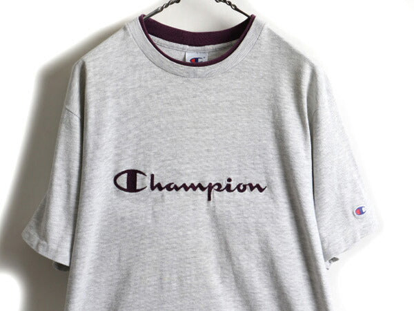 90s Champion チャンピオン 100% コットン 二重リブ ビッグ ロゴ 刺繍 半袖 Tシャツ (L)