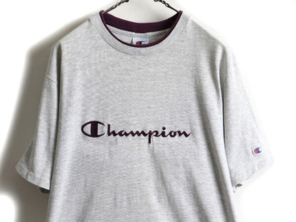 90s Champion チャンピオン 100% コットン 二重リブ ビッグ ロゴ 刺繍 半袖 Tシャツ (L)