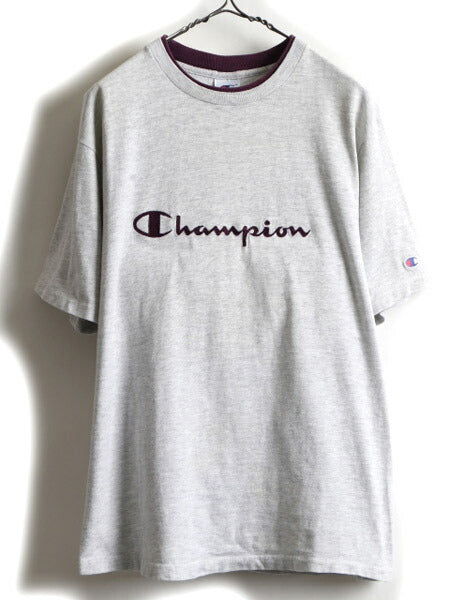 90s Champion チャンピオン 100% コットン 二重リブ ビッグ ロゴ 刺繍 半袖 Tシャツ (L)