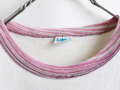 70's Champion Blue Bar Tag Marble Ringer College Print T-Shirt (M)　