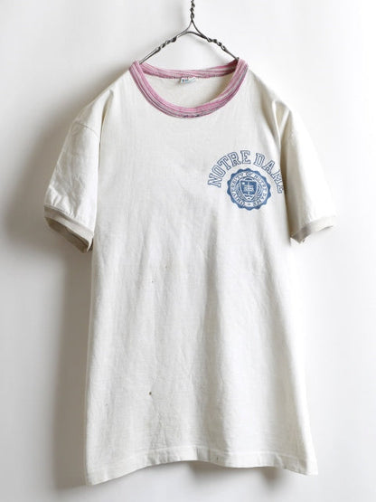 70's Champion Blue Bar Tag Marble Ringer College Print T-Shirt (M)　
