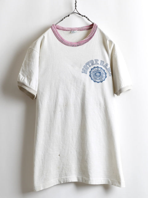 70's Champion Blue Bar Tag Marble Ringer College Print T-Shirt (M)　