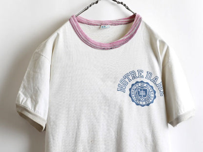 70's Champion Blue Bar Tag Marble Ringer College Print T-Shirt (M)　