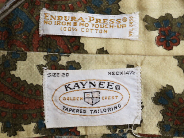 60s 70s ★ KAYNEE ペイズリー 総柄 半袖 ボタンダウン シャツ メンズ XS ヴィンテージ BD 100% コットン ポケット付き スリム テーパード