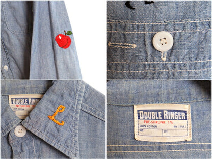60s ★ DOUBLE RINGER ハンドメイド 刺繍 シャンブレー シャツ メンズ S 程/ 60年代 ヴィンテージ ワーク 100% コットン 長袖シャツ 一点物