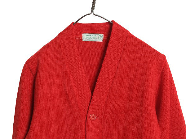 50s USA製 ウール ニット カーディガン メンズ XS 程/ 古着 ヴィンテージ セーター 前開き 重ね着 レタード アワード 無地 パチポケ レッド