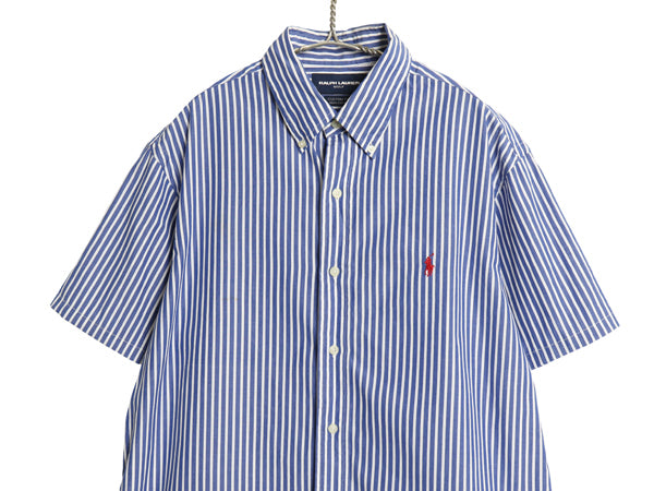 90s ラルフローレン ゴルフ ストライプ 半袖 ボタンダウン シャツ メンズ L / オールド ポロ コットン 半袖シャツ ワンポイント 青 白 細身