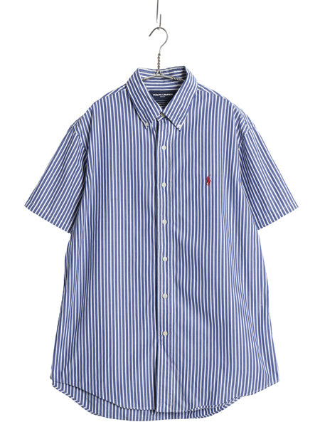 90s ラルフローレン ゴルフ ストライプ 半袖 ボタンダウン シャツ メンズ L / オールド ポロ コットン 半袖シャツ ワンポイント 青 白 細身