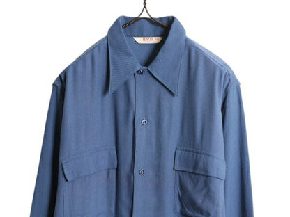 デッドストック 40s ★ BVD レーヨン 長袖 シャツ メンズ L 程 新品 40年代 USA製 ヴィンテージ ボックス フラップポケット ブルー 無地 青