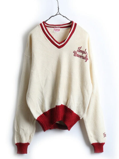 40's PERSON カレッジ 刺繍  Vネック ニット セーター (M 程)