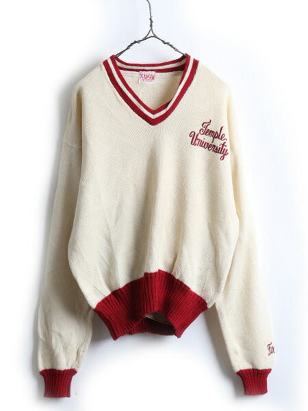 40's PERSON カレッジ 刺繍  Vネック ニット セーター (M 程)