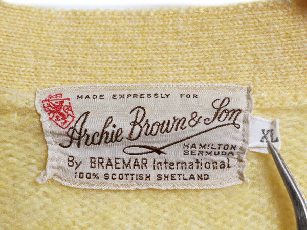 60s ★ Archie Brown & Son シェットランド ウール ニット カーディガン メンズ XL 60年代 ヴィンテージ セーター ポケット付き 羽織り 黄