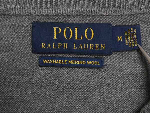 ポロ ラルフローレン ニット セーター メンズ M 古着 メリノ ウール ハイゲージ ワンポイント クルーネック シンプル きれいめ グレー 薄手