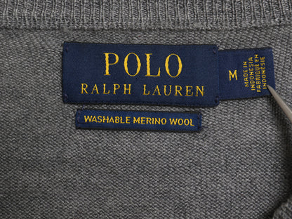 ポロ ラルフローレン ニット セーター メンズ M 古着 メリノ ウール ハイゲージ ワンポイント クルーネック シンプル きれいめ グレー 薄手